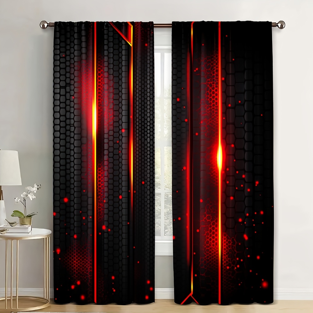 Office Tech Decor - ผ้าม่านลายลาวา 2 ชิ้น สีดำแดง ลายแตกแบบแมกมา สำหรับตกแต่งห้องเกมมิ่ง